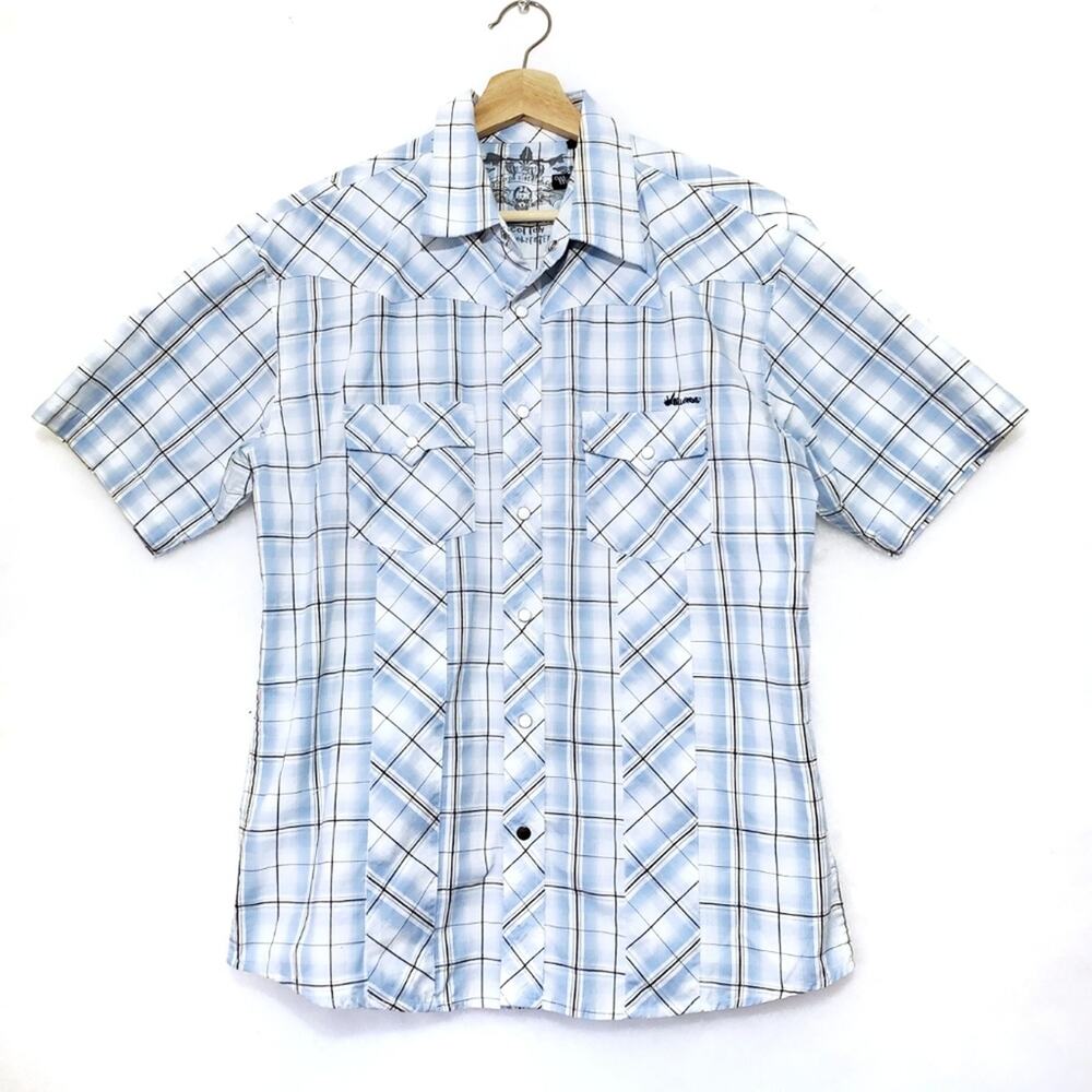 Micros MEDIUM Short Sleeve Front Snap Up Plaid Shirt Western Preppy